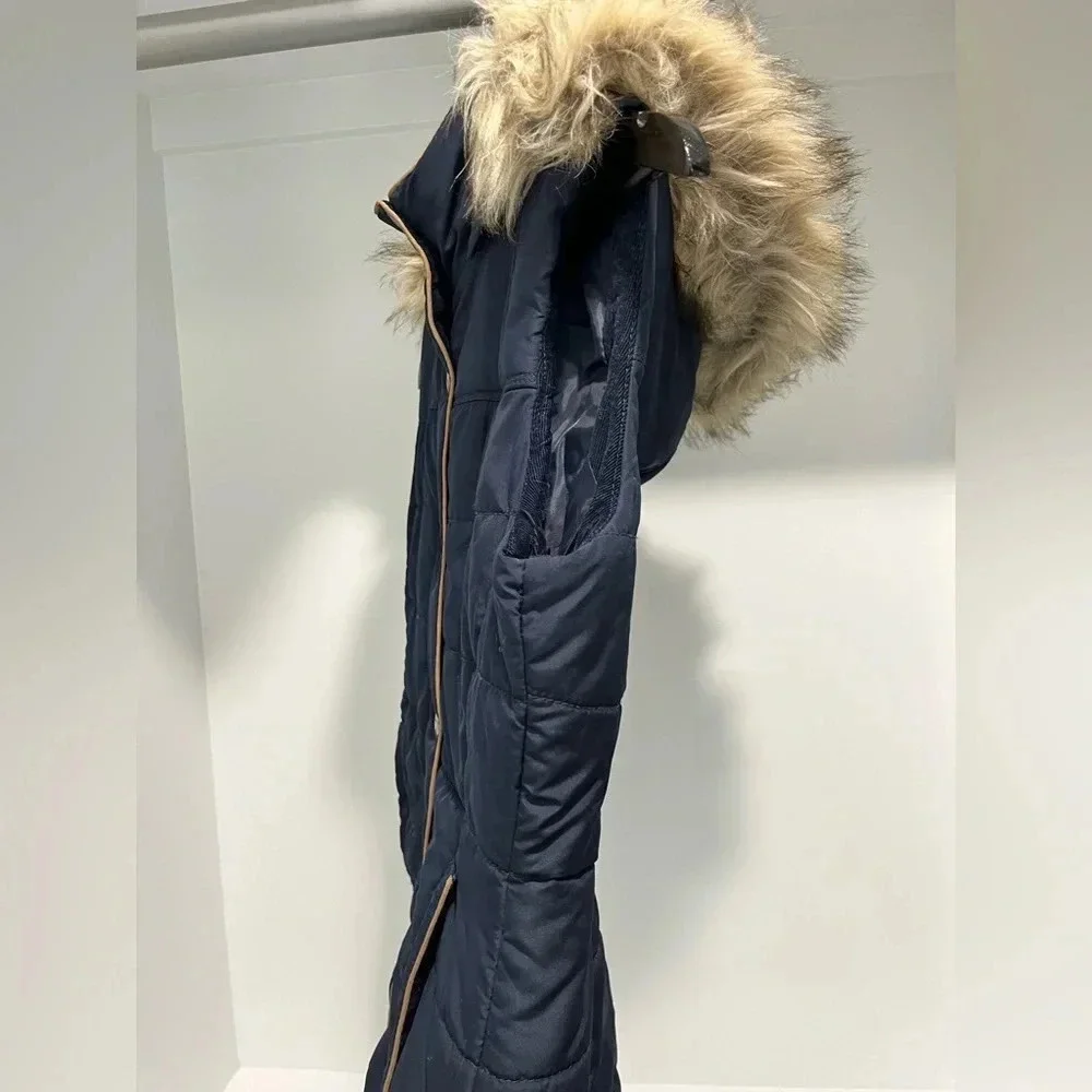 PRINCE & FOX navy puffer vest zip snaps removable fur trim hood pockets Small